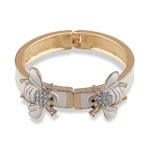 Gold Tone White Enamel Bee Bangle Bracelet Crystal Rhinestone Insect Statement - Picture 3 of 12